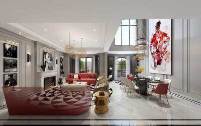 简欧轻奢客餐厅 吊灯壁灯 雕塑摆件 沙发茶几 餐桌椅 壁画花瓶